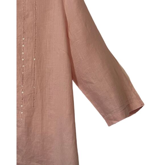 Anne Carson Blouse Womens Size 1X Pink Linen Button Up Front Sequins Side Slits - Picture 5 of 7